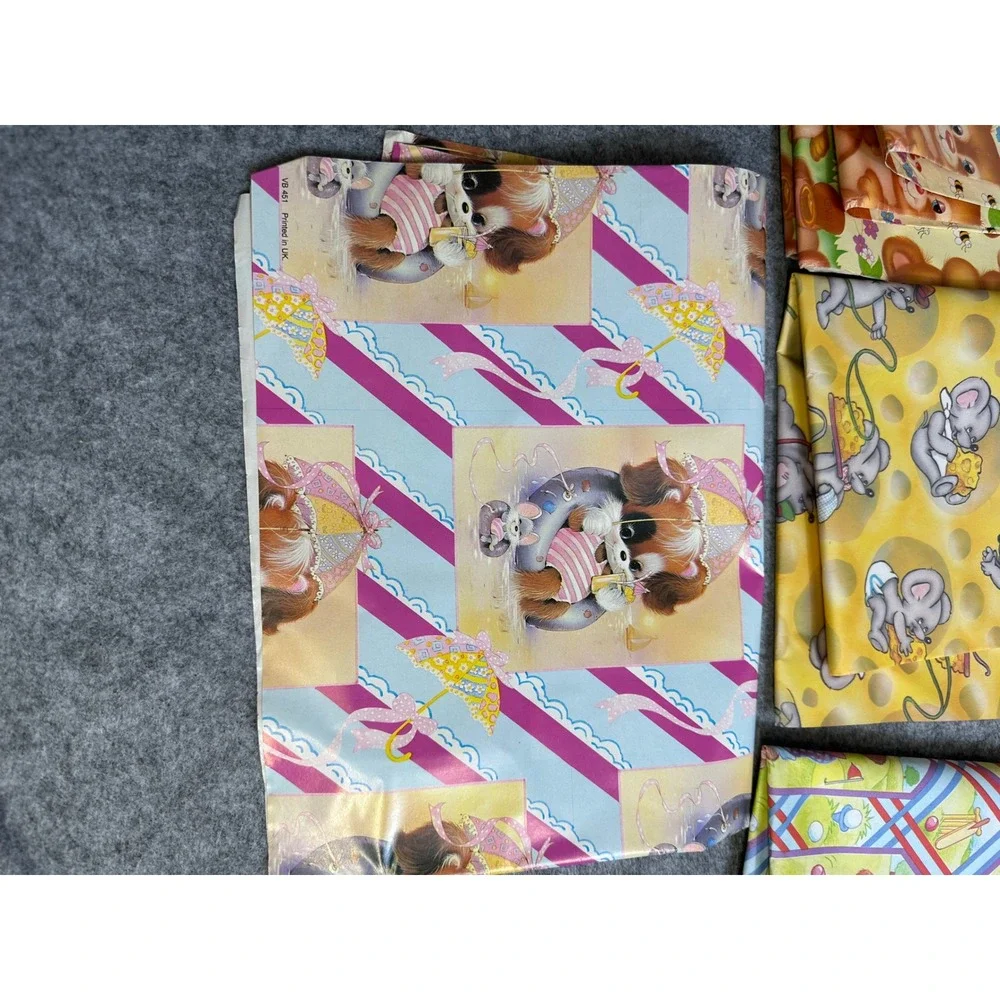 Vintage Gift Wrap Lot 4 Sheets Teddy Bears Mice Puppies Sports UK VB 451 461